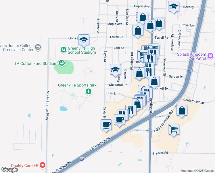 map of restaurants, bars, coffee shops, grocery stores, and more near 3106 Chaparral Drive in Greenville