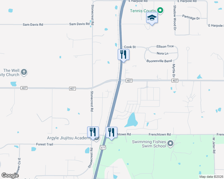 map of restaurants, bars, coffee shops, grocery stores, and more near 111 Farm to Market Road 407 in Argyle