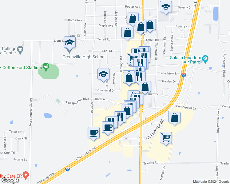 map of restaurants, bars, coffee shops, grocery stores, and more near 3009 Chaparral Drive in Greenville
