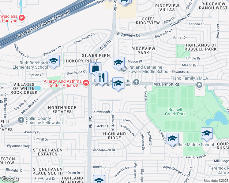 map of restaurants, bars, coffee shops, grocery stores, and more near 8900 Coit Road in Plano