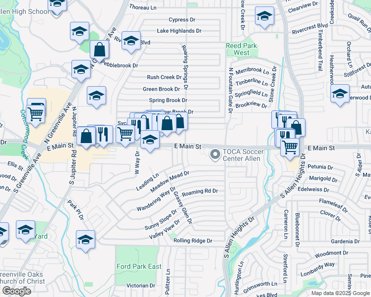 map of restaurants, bars, coffee shops, grocery stores, and more near 101 Greeting Gate Lane in Allen