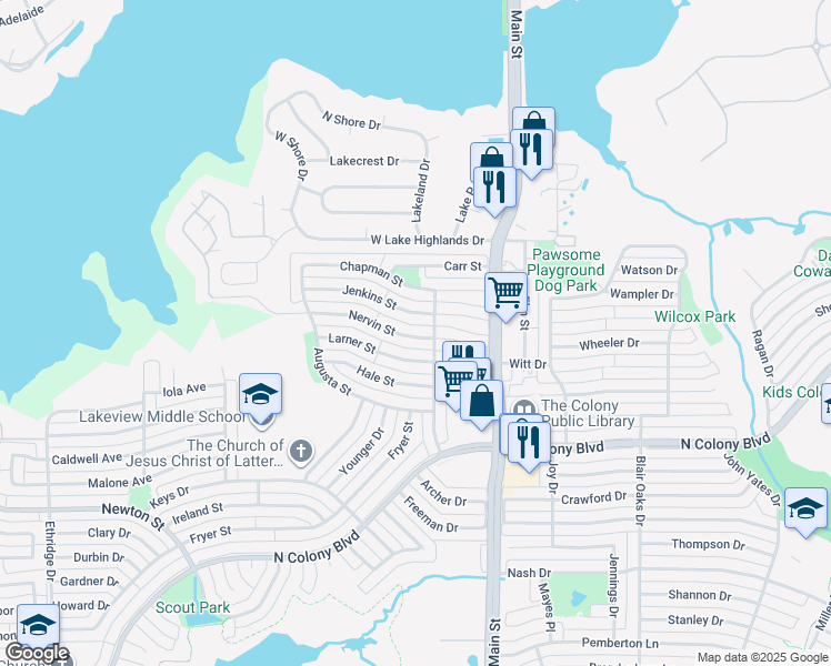 map of restaurants, bars, coffee shops, grocery stores, and more near 4522 Nervin Street in The Colony