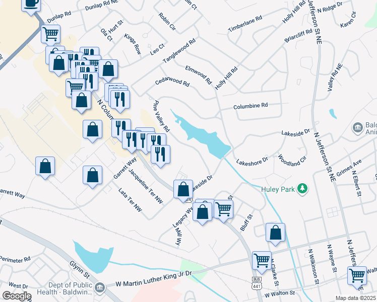 map of restaurants, bars, coffee shops, grocery stores, and more near 1620 Pine Valley Road in Milledgeville