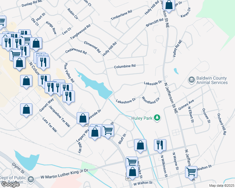 map of restaurants, bars, coffee shops, grocery stores, and more near 290 Lakeside Drive in Milledgeville