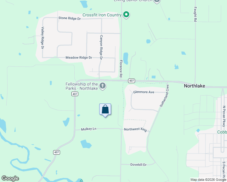 map of restaurants, bars, coffee shops, grocery stores, and more near Farm to Market Road 407 in Northlake