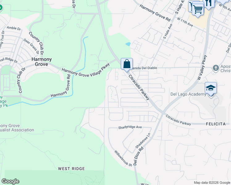 map of restaurants, bars, coffee shops, grocery stores, and more near 1889 Angeles Glen in Escondido