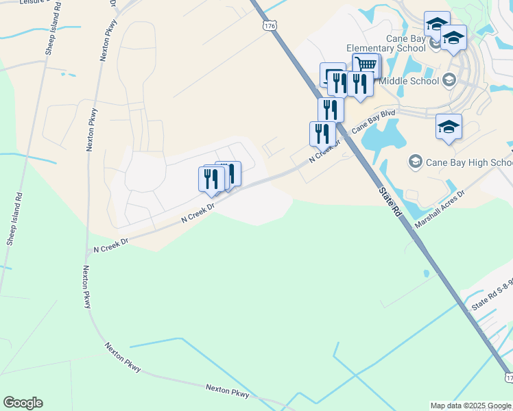 map of restaurants, bars, coffee shops, grocery stores, and more near in Goose Creek