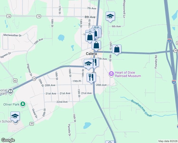 map of restaurants, bars, coffee shops, grocery stores, and more near 10586-10624 Highway 25 in Calera