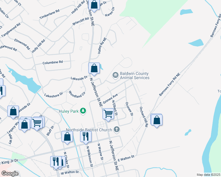 map of restaurants, bars, coffee shops, grocery stores, and more near 311 Linda Drive Northeast in Milledgeville