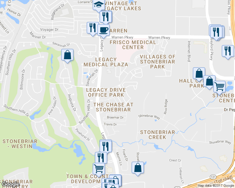 map of restaurants, bars, coffee shops, grocery stores, and more near 5599 Fairfax Drive in Frisco