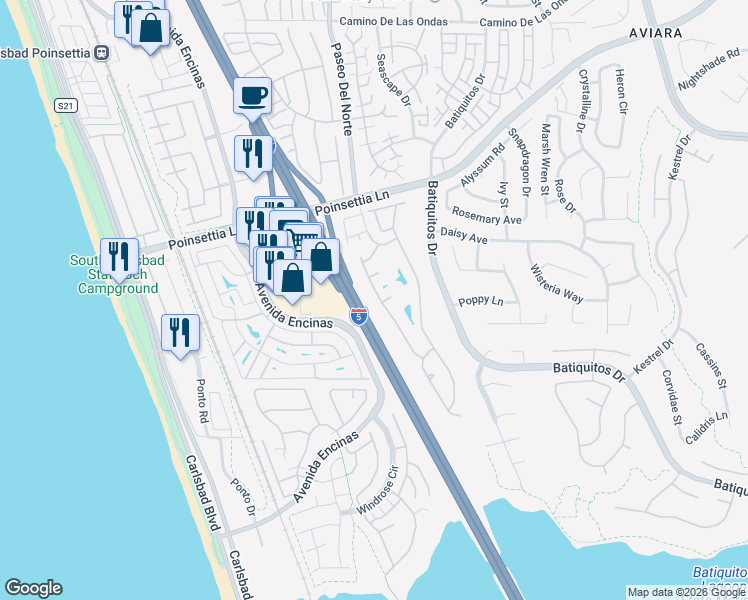 map of restaurants, bars, coffee shops, grocery stores, and more near 7139 Linden Terrace in Carlsbad