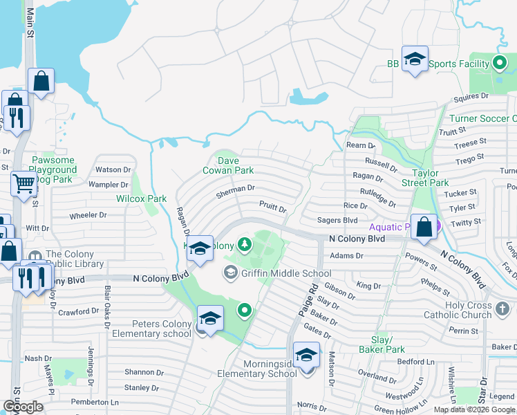 map of restaurants, bars, coffee shops, grocery stores, and more near 5221 Pruitt Drive in The Colony