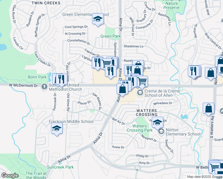 map of restaurants, bars, coffee shops, grocery stores, and more near 1301 West McDermott Drive in Allen