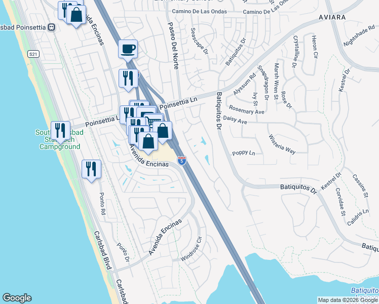 map of restaurants, bars, coffee shops, grocery stores, and more near 7139 Linden Terrace in Carlsbad