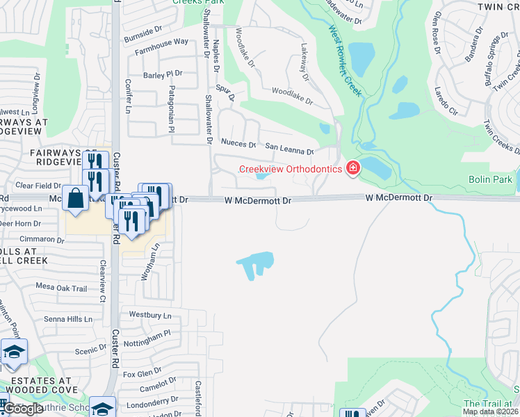 map of restaurants, bars, coffee shops, grocery stores, and more near 1 Wooded Lane in Allen