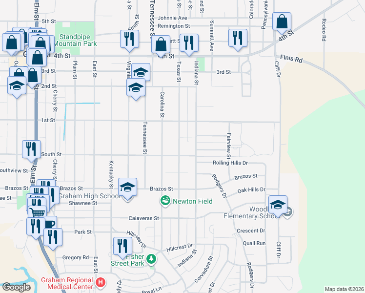 map of restaurants, bars, coffee shops, grocery stores, and more near 818 Texas Street in Graham