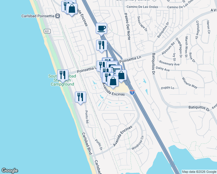 map of restaurants, bars, coffee shops, grocery stores, and more near 7150 Avenida Encinas in Carlsbad