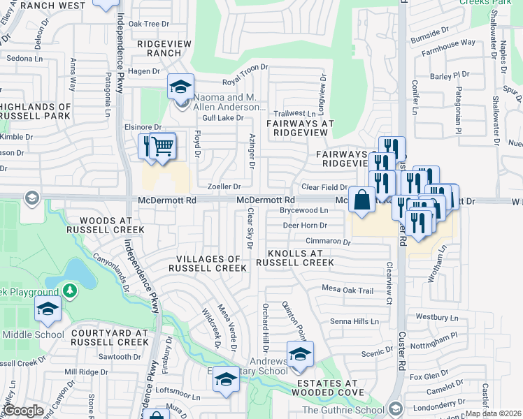 map of restaurants, bars, coffee shops, grocery stores, and more near 8928 Clear Sky Drive in Plano