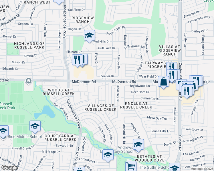 map of restaurants, bars, coffee shops, grocery stores, and more near 8929 Smokey Drive in Plano