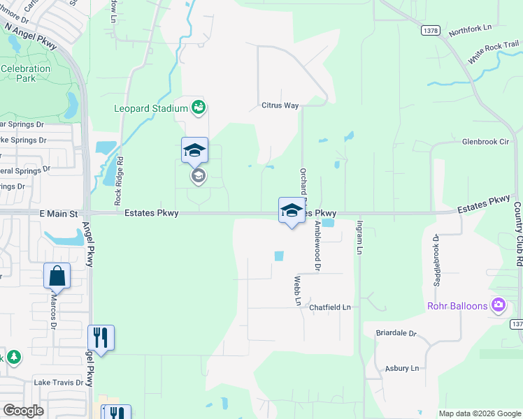 map of restaurants, bars, coffee shops, grocery stores, and more near 2120 Estates Parkway in Allen
