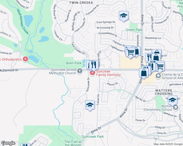 map of restaurants, bars, coffee shops, grocery stores, and more near 1505 West McDermott Drive in Allen