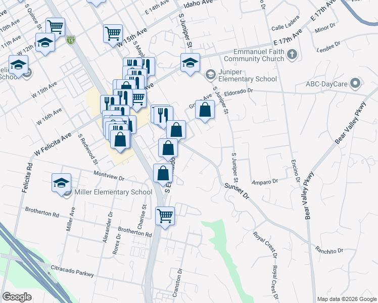 map of restaurants, bars, coffee shops, grocery stores, and more near 1953 Sunset Drive in Escondido