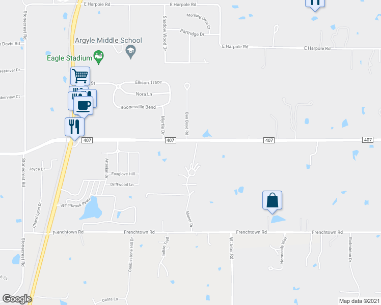 map of restaurants, bars, coffee shops, grocery stores, and more near 653 Manor Drive in Argyle
