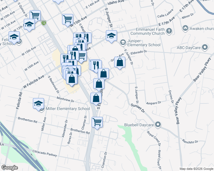 map of restaurants, bars, coffee shops, grocery stores, and more near 1935 Sunset Drive in Escondido