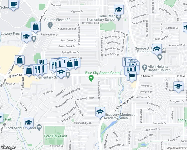 map of restaurants, bars, coffee shops, grocery stores, and more near 981 East Main Street in Allen