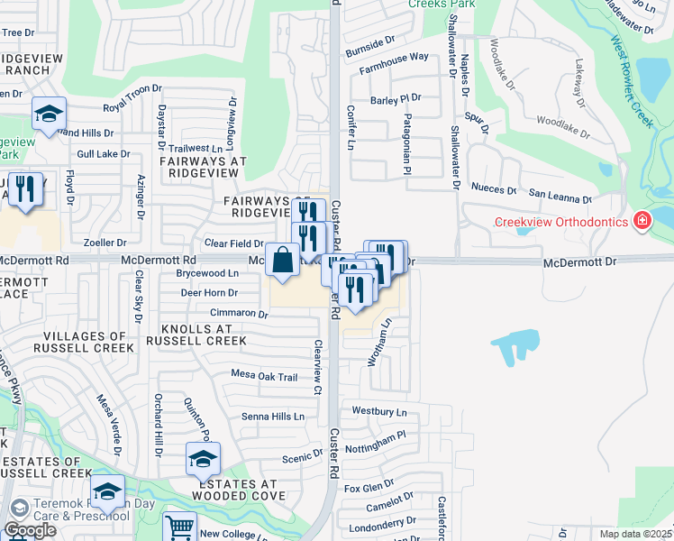 map of restaurants, bars, coffee shops, grocery stores, and more near 121 South Custer Road in Allen