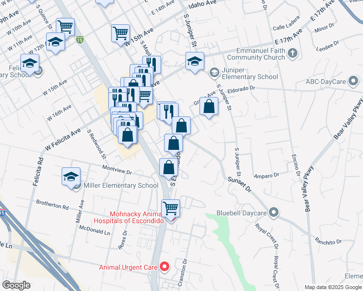 map of restaurants, bars, coffee shops, grocery stores, and more near 1911 Sunset Drive in Escondido