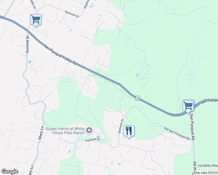 map of restaurants, bars, coffee shops, grocery stores, and more near 2537 Old San Pasqual Road in Escondido