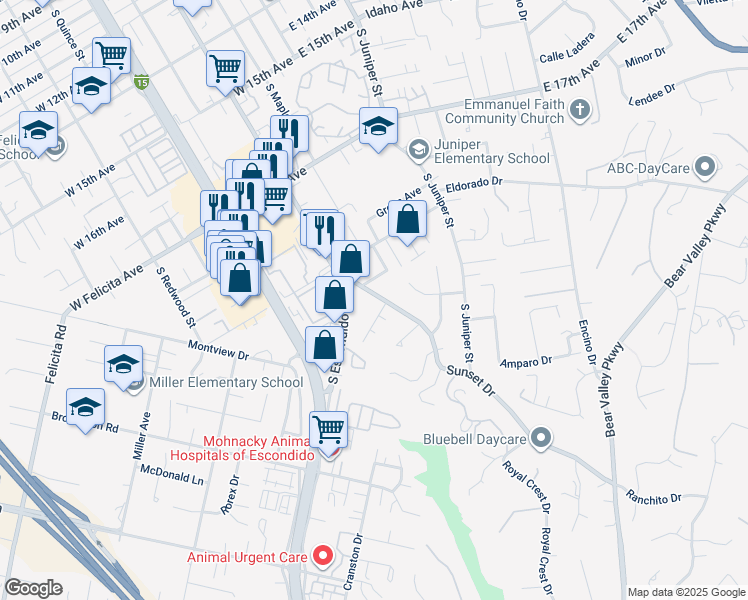 map of restaurants, bars, coffee shops, grocery stores, and more near 1950 Sunset Drive in Escondido