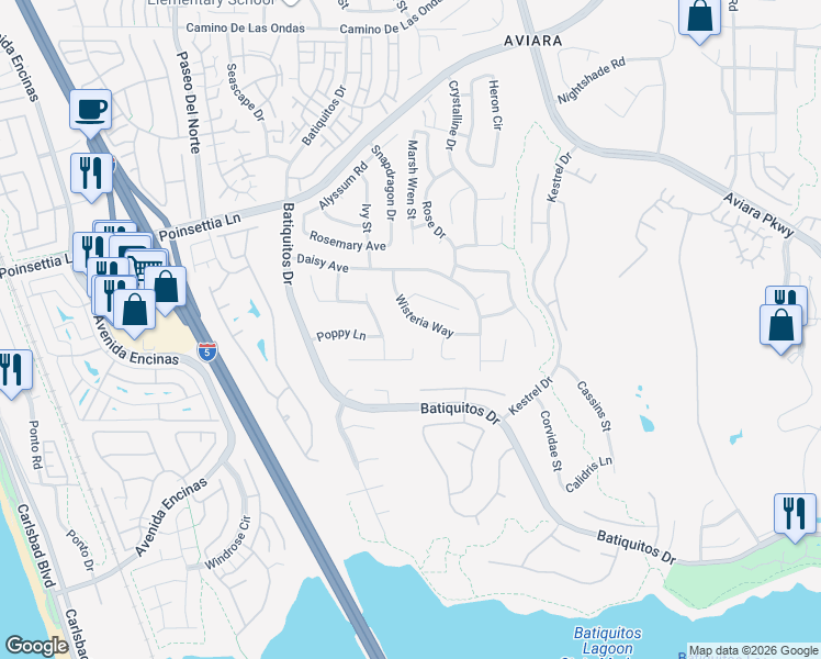 map of restaurants, bars, coffee shops, grocery stores, and more near 7211 Wisteria Way in Carlsbad