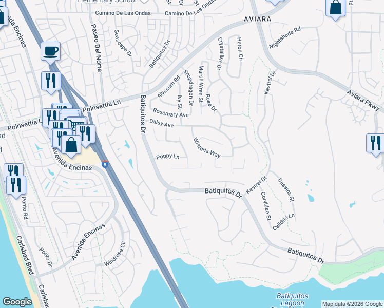 map of restaurants, bars, coffee shops, grocery stores, and more near 922 Poppy Lane in Carlsbad