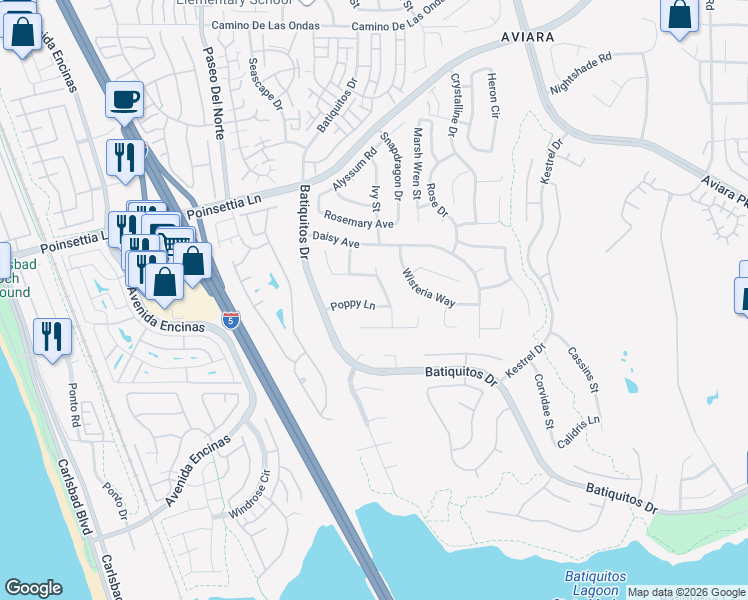 map of restaurants, bars, coffee shops, grocery stores, and more near 7205 Azalea Place in Carlsbad
