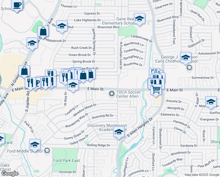 map of restaurants, bars, coffee shops, grocery stores, and more near 975 East Main Street in Allen