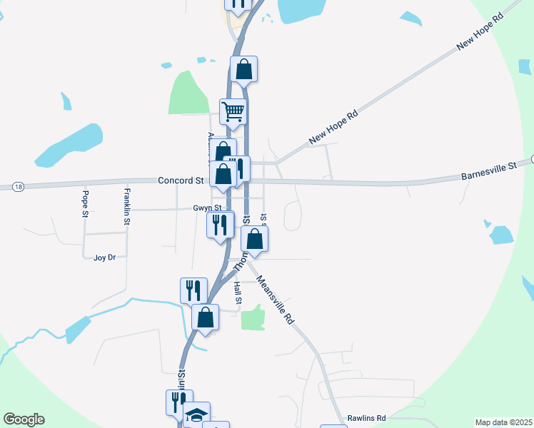 map of restaurants, bars, coffee shops, grocery stores, and more near 150 Banks Street in Zebulon