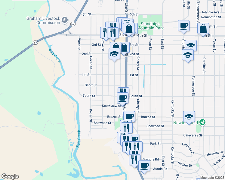 map of restaurants, bars, coffee shops, grocery stores, and more near 411 South Street in Graham