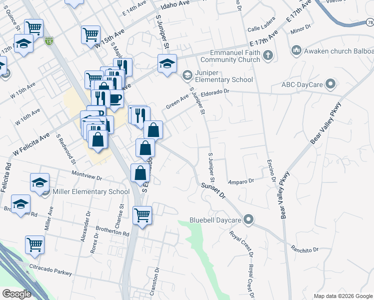 map of restaurants, bars, coffee shops, grocery stores, and more near 133 Helen Way in Escondido