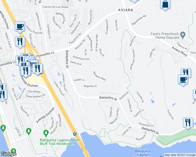 map of restaurants, bars, coffee shops, grocery stores, and more near 7211 Wisteria Way in Carlsbad
