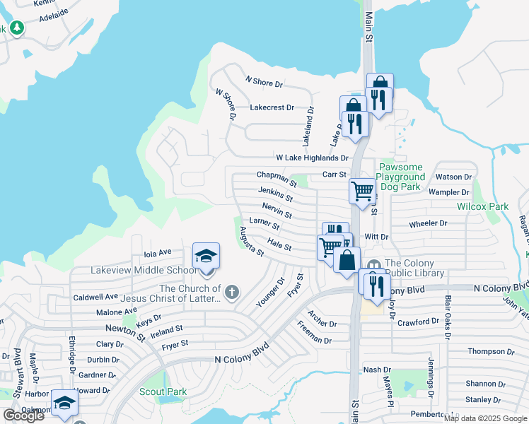 map of restaurants, bars, coffee shops, grocery stores, and more near 4419 Nervin Street in The Colony