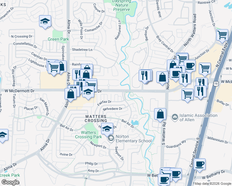 map of restaurants, bars, coffee shops, grocery stores, and more near 100 Ventura Court in Allen