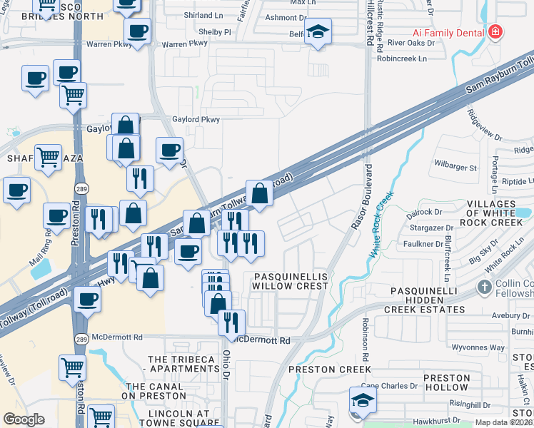 map of restaurants, bars, coffee shops, grocery stores, and more near 4560 State Highway 121 in Plano