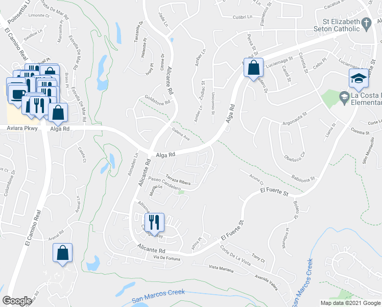 map of restaurants, bars, coffee shops, grocery stores, and more near 7000 Via Padilla in Carlsbad