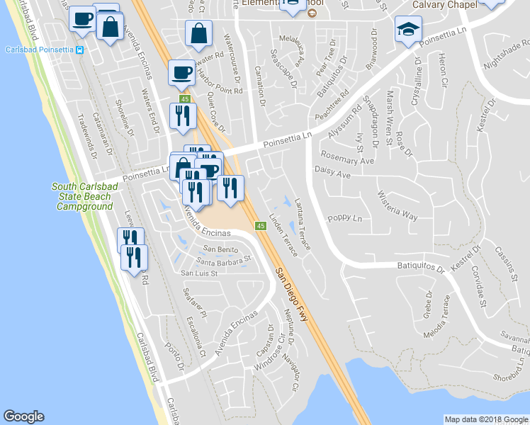 map of restaurants, bars, coffee shops, grocery stores, and more near 7133 Linden Terrace in Carlsbad