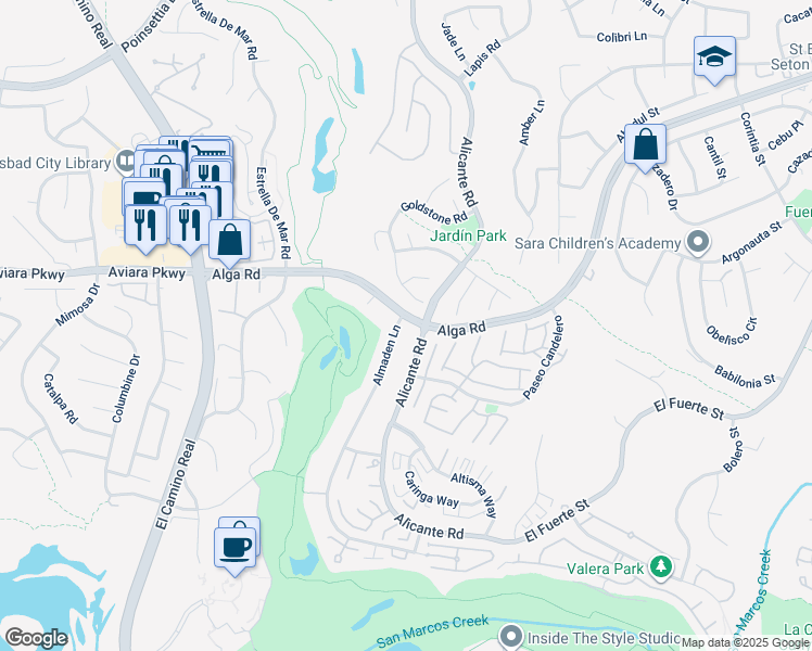 map of restaurants, bars, coffee shops, grocery stores, and more near 2207 Alga Road in Carlsbad
