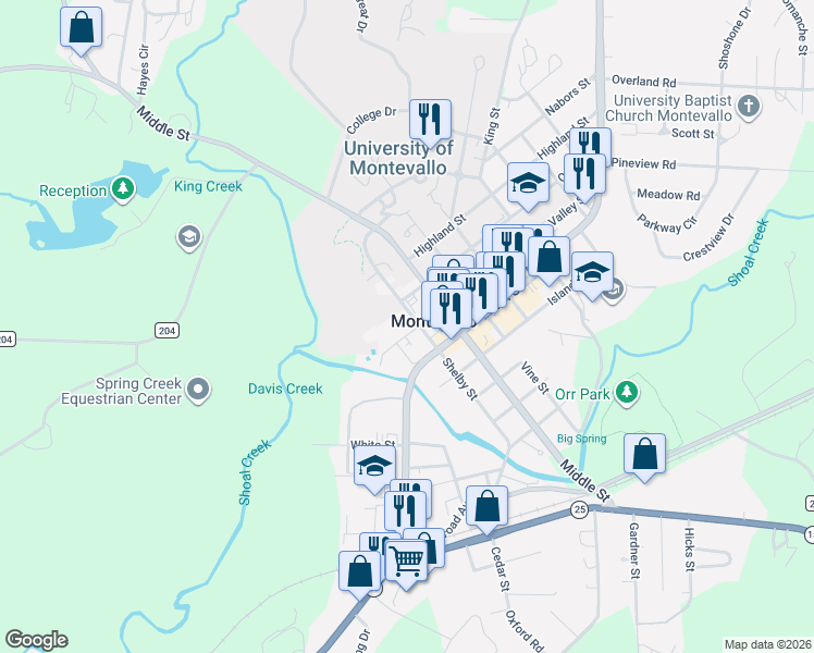 map of restaurants, bars, coffee shops, grocery stores, and more near 545 Valley Street in Montevallo