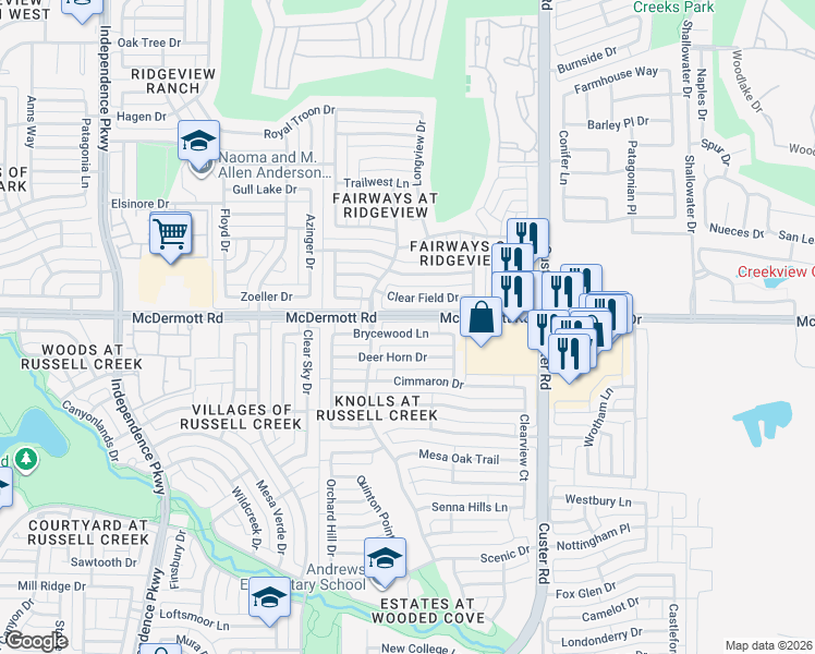 map of restaurants, bars, coffee shops, grocery stores, and more near 2441 Brycewood Lane in Plano
