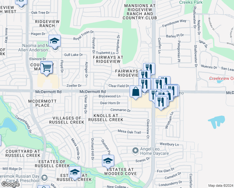 map of restaurants, bars, coffee shops, grocery stores, and more near 2433 Brycewood Lane in Plano
